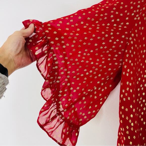 Vince Camuto red gold dot ruffle high neck holiday Christmas top small - Picture 4 of 9